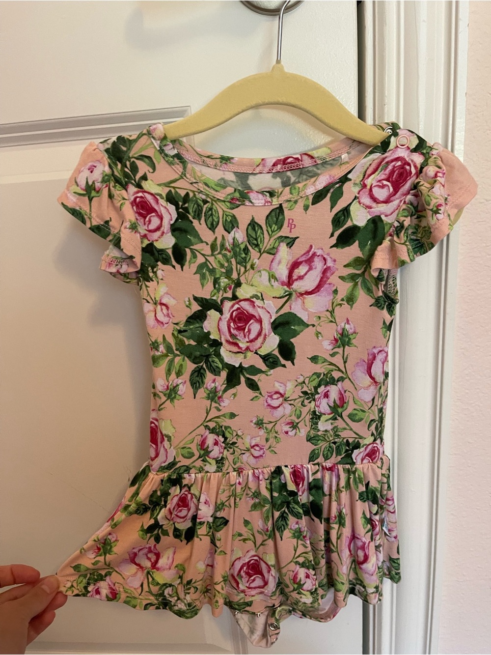Posh Peanut Peach Pink Floral Dress with Green Roses